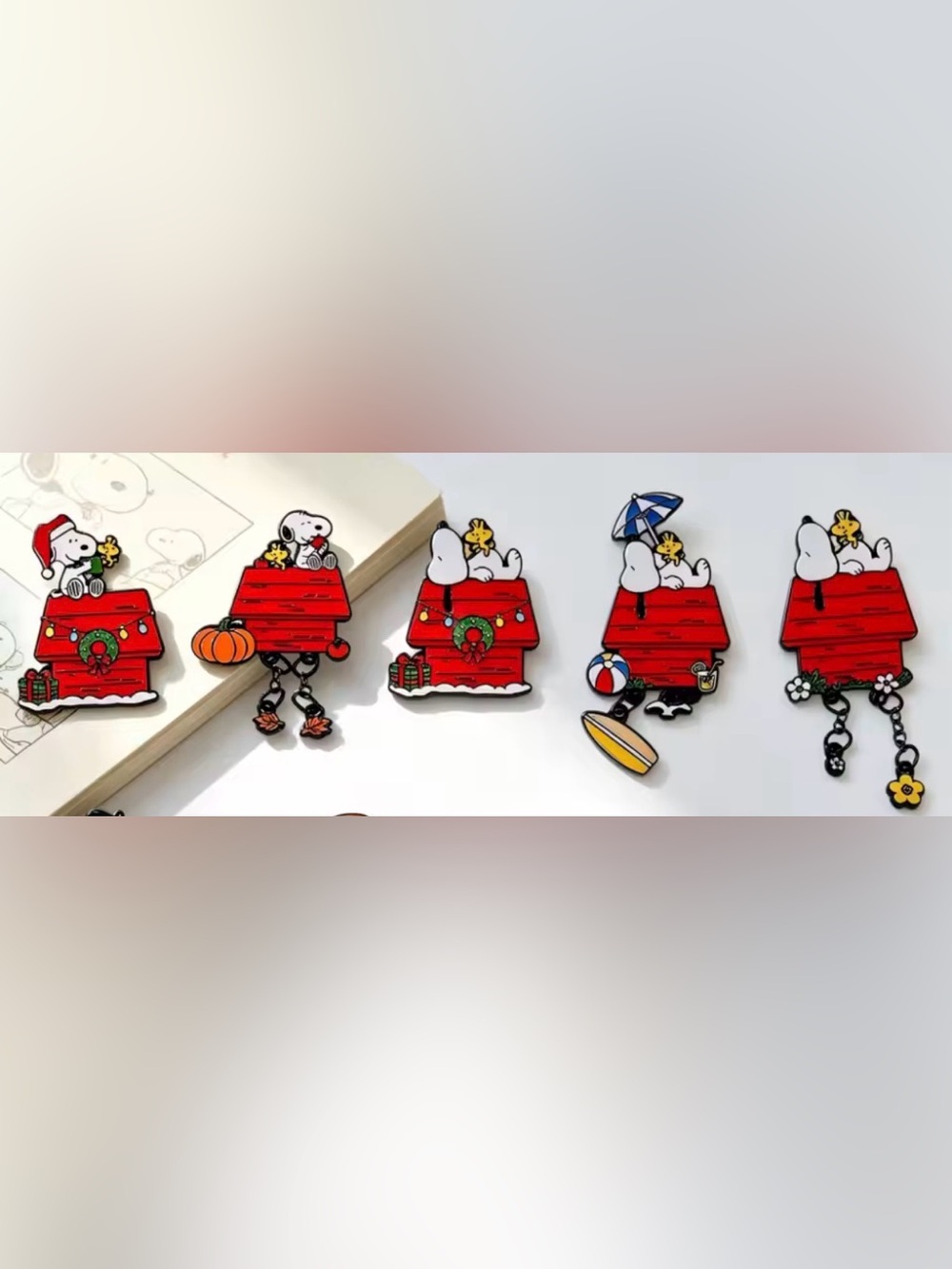 Peanuts Snoopy Doghouse Enamel Pin Set of 5 Four Seasons Holiday Christmas Hall